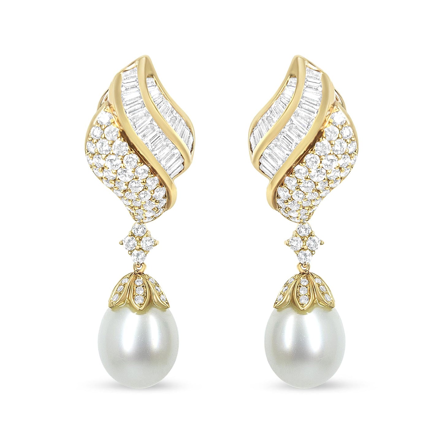 18k Yellow Gold 7.0 Cttw Baguette and Round Diamond South Sea Pearl Drop Dangle Clip-On Earrings (F-G Color, VS1-VS2 Cla