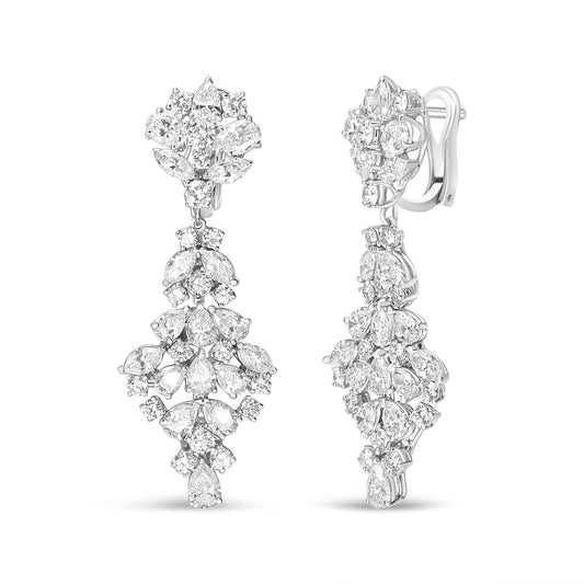 18K White Gold 9 1/2 Cttw Diamond Cluster Drop Dangle Clip-On Earrings (F-G Color, VS1-VS2 Clarity)