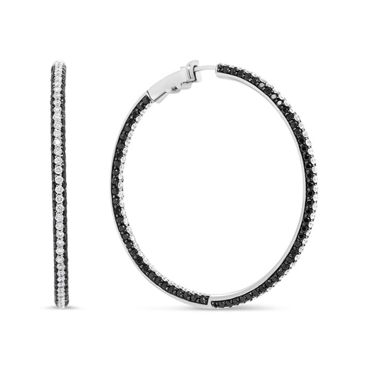 18K White Gold 3 1/4 Cttw Round Black and White Diamond Inside-Outside Hoop Earrings (Black and F-G Color, VS1-VS2 Clari