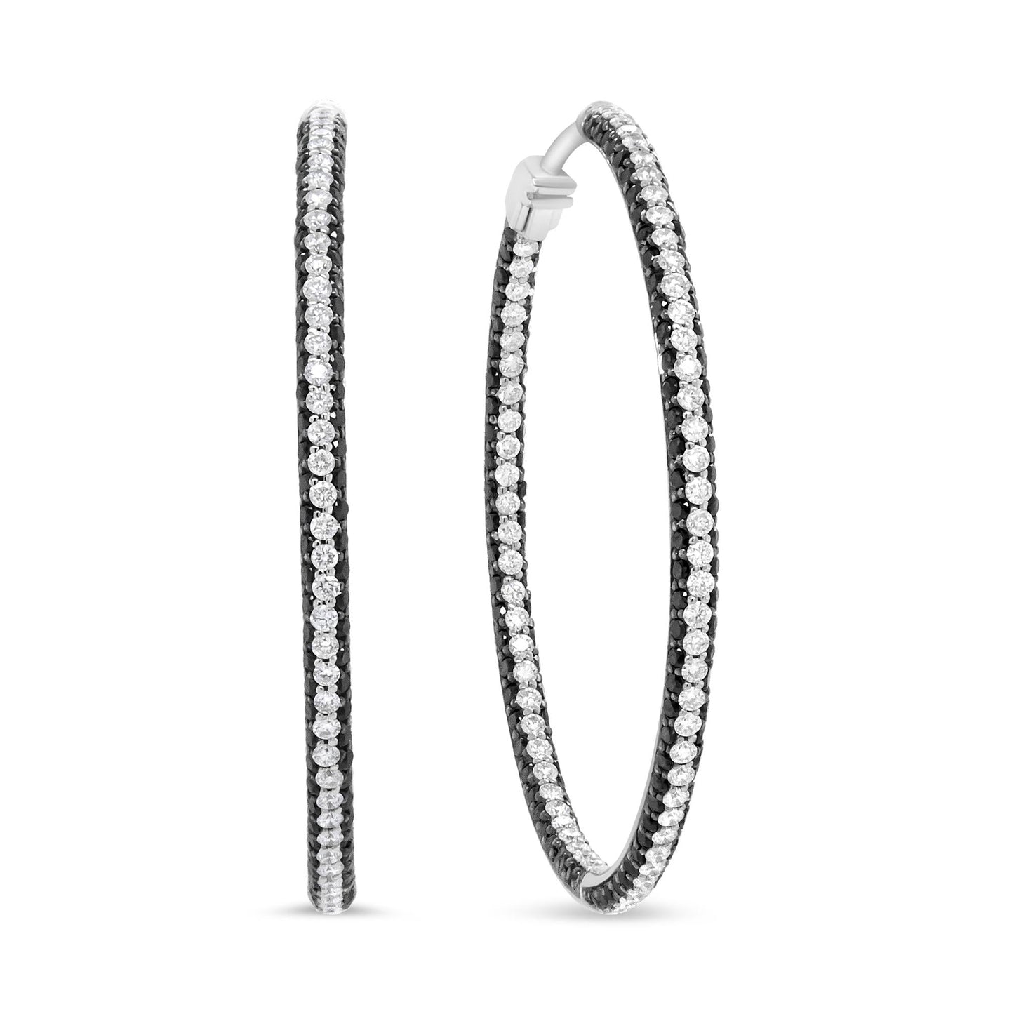 18K White Gold 3 1/4 Cttw Round Black and White Diamond Inside-Outside Hoop Earrings (Black and F-G Color, VS1-VS2 Clari