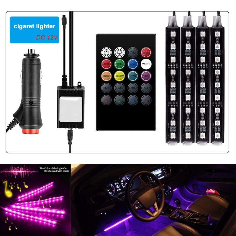 Car Interior Atmosphere LED RGB Strip Light - Dash Floor Foot RGB LED Strip, Decorative Light, Music Sound Control, Multiple Lighting - Set of 4 LED Strip Lights