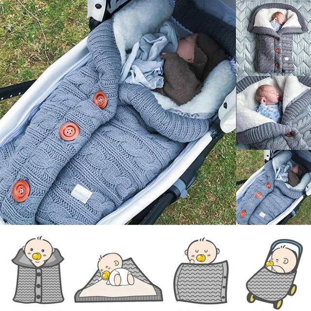 Newborn Baby Winter Warm Sleeping Bag - Button Knit Swaddle Wrap - Stroller Blanket for Infants - Toddler Swaddling Blanket