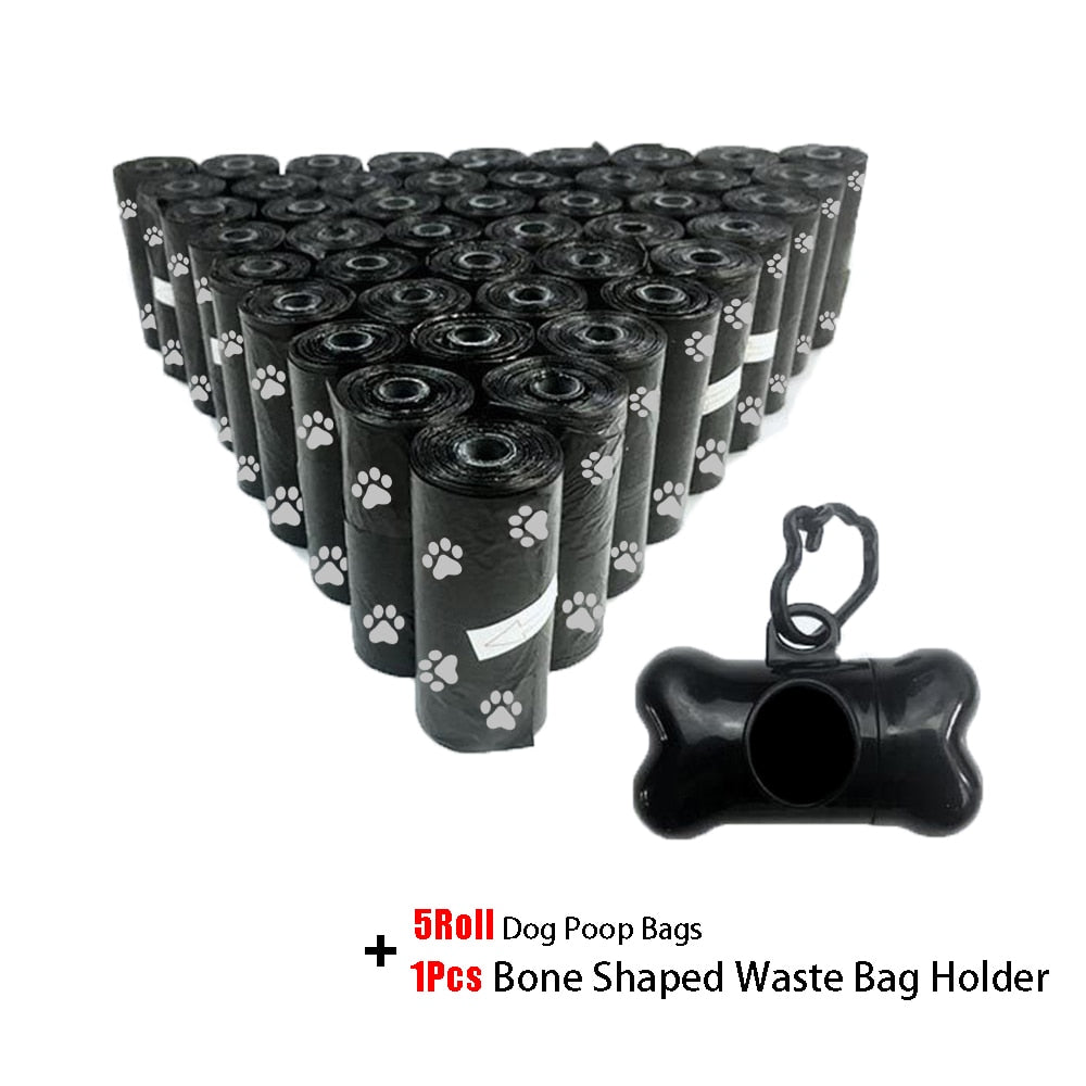 Pet Poop Bags - Disposable Dog Waste Bags with Leash Clip - Bulk Poop Bags with Bone Bag Dispenser - 5 Rolls (75Pcs) with Paw Prints