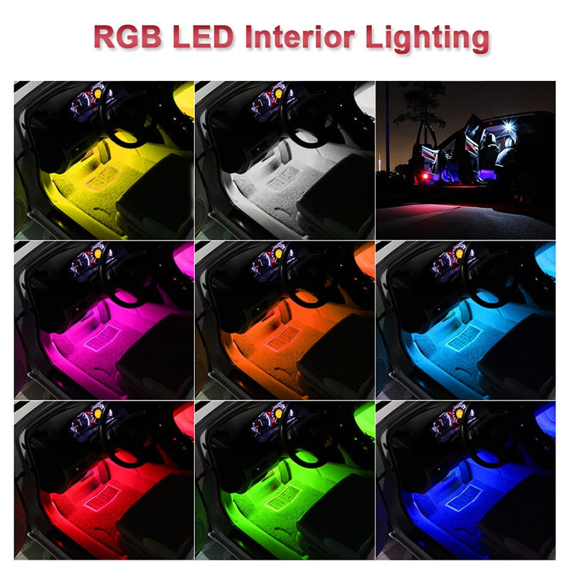 Car Interior Atmosphere LED RGB Strip Light - Dash Floor Foot RGB LED Strip, Decorative Light, Music Sound Control, Multiple Lighting - Set of 4 LED Strip Lights