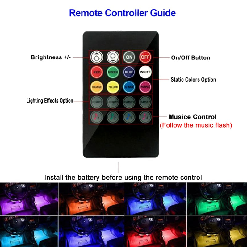 Car Interior Atmosphere LED RGB Strip Light - Dash Floor Foot RGB LED Strip, Decorative Light, Music Sound Control, Multiple Lighting - Set of 4 LED Strip Lights