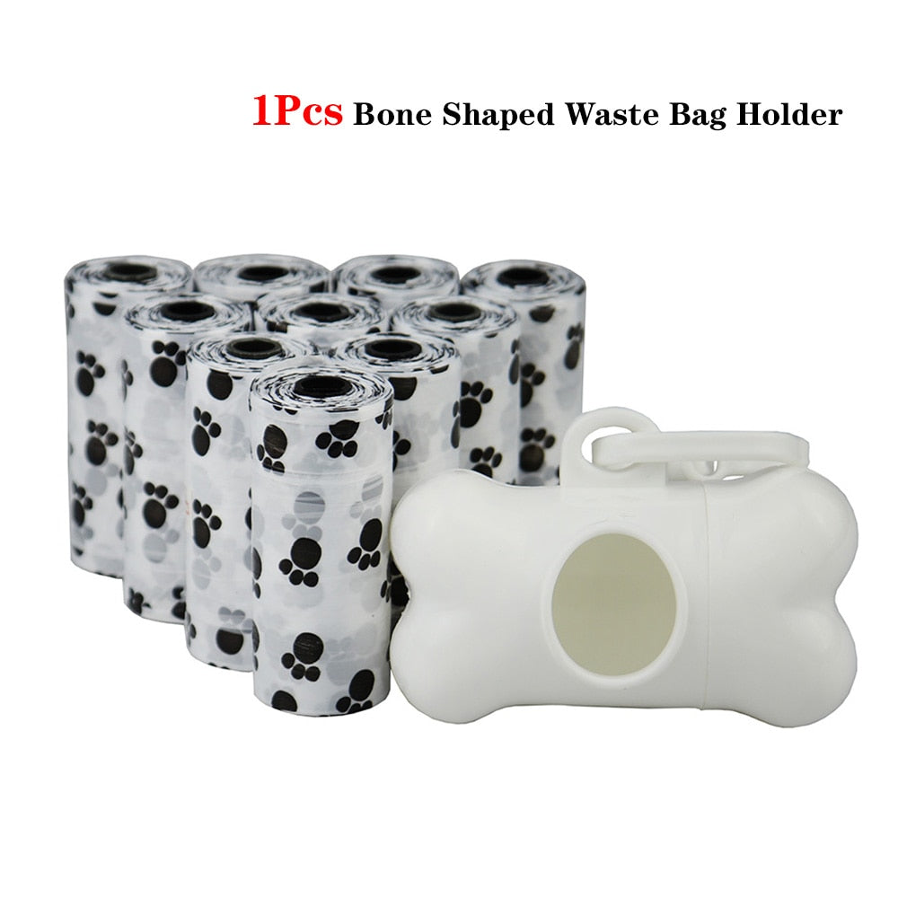 Pet Poop Bags - Disposable Dog Waste Bags with Leash Clip - Bulk Poop Bags with Bone Bag Dispenser - 5 Rolls (75Pcs) with Paw Prints