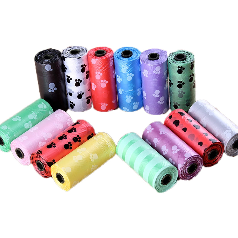 Pet Poop Bags - Disposable Dog Waste Bags with Leash Clip - Bulk Poop Bags with Bone Bag Dispenser - 5 Rolls (75Pcs) with Paw Prints