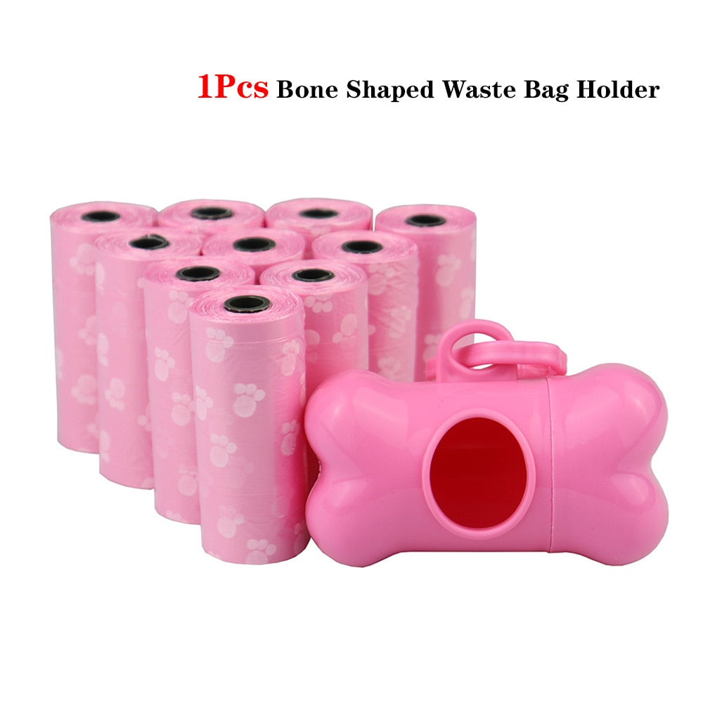 Pet Poop Bags - Disposable Dog Waste Bags with Leash Clip - Bulk Poop Bags with Bone Bag Dispenser - 5 Rolls (75Pcs) with Paw Prints