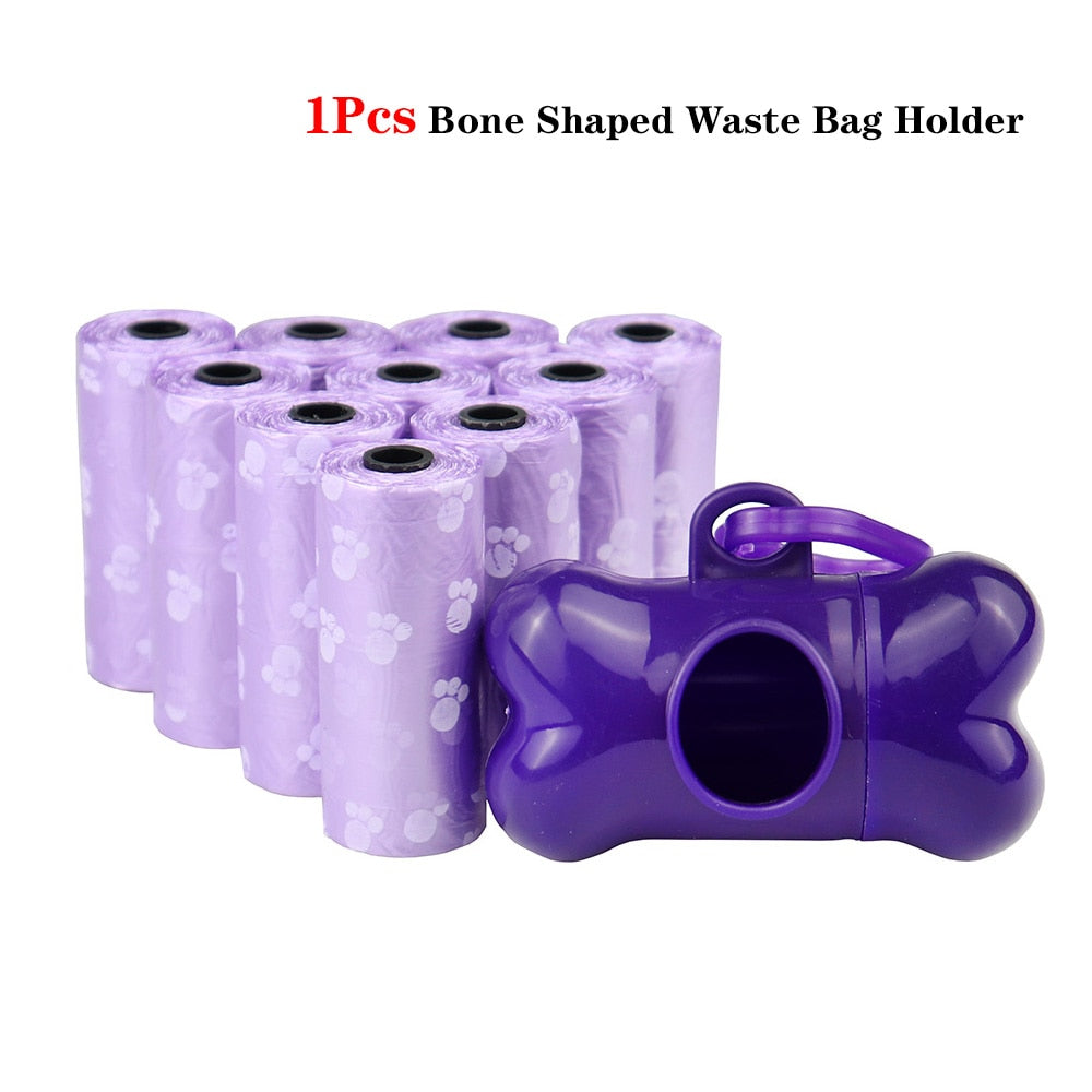 Pet Poop Bags - Disposable Dog Waste Bags with Leash Clip - Bulk Poop Bags with Bone Bag Dispenser - 5 Rolls (75Pcs) with Paw Prints