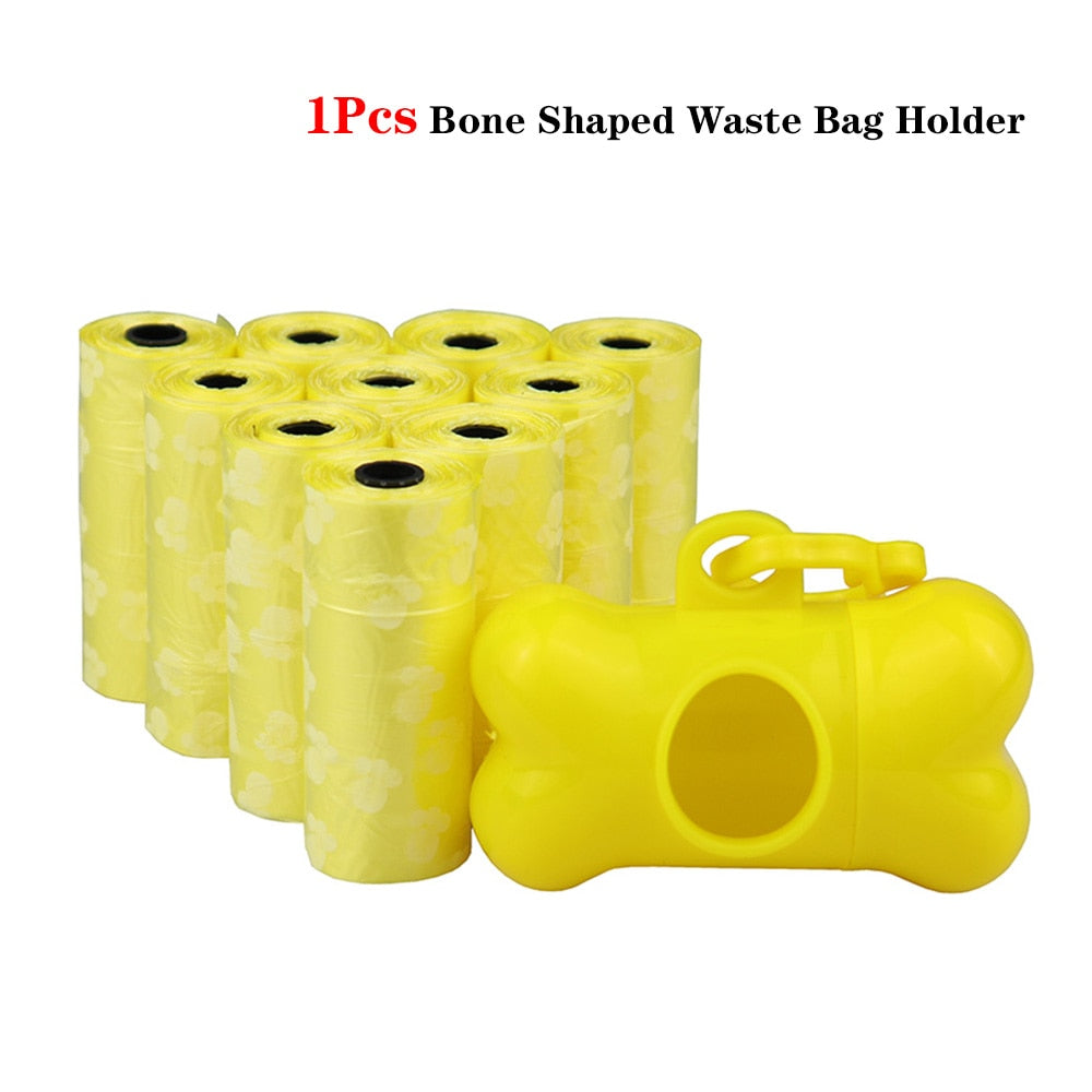 Pet Poop Bags - Disposable Dog Waste Bags with Leash Clip - Bulk Poop Bags with Bone Bag Dispenser - 5 Rolls (75Pcs) with Paw Prints