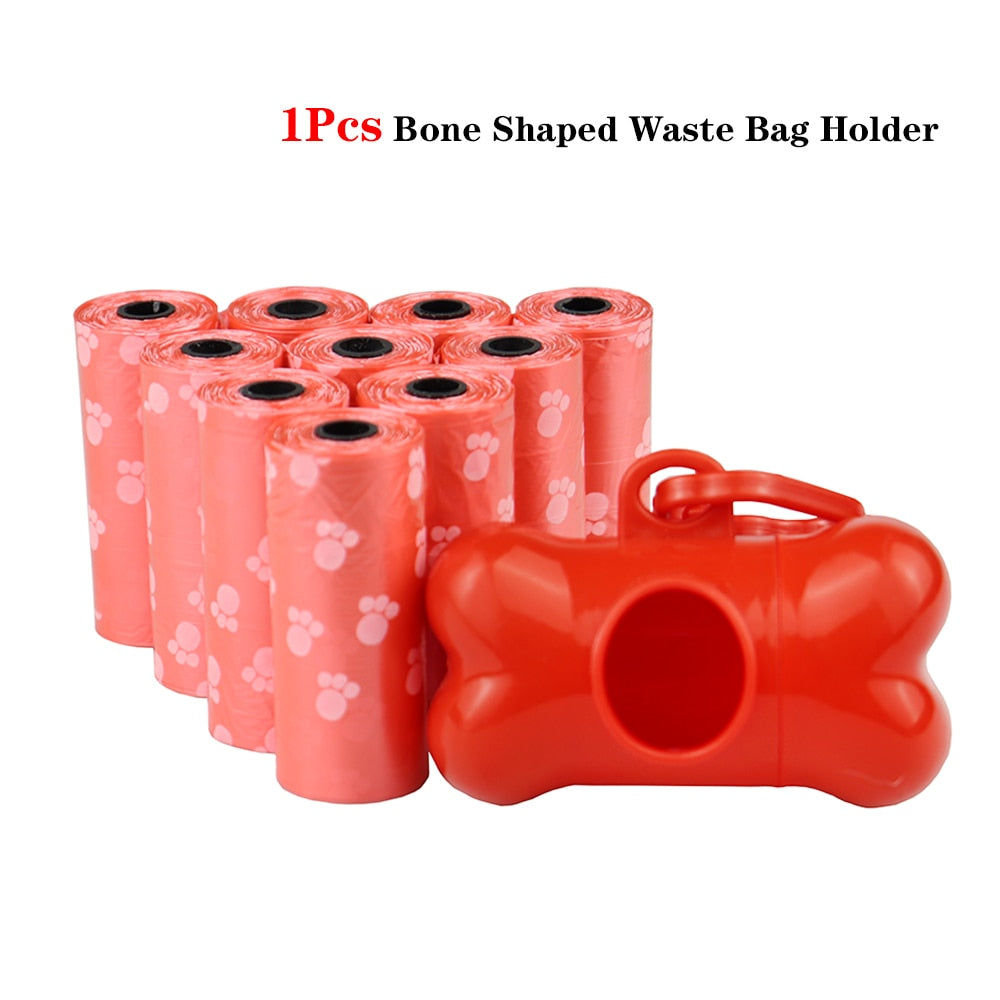 Pet Poop Bags - Disposable Dog Waste Bags with Leash Clip - Bulk Poop Bags with Bone Bag Dispenser - 5 Rolls (75Pcs) with Paw Prints