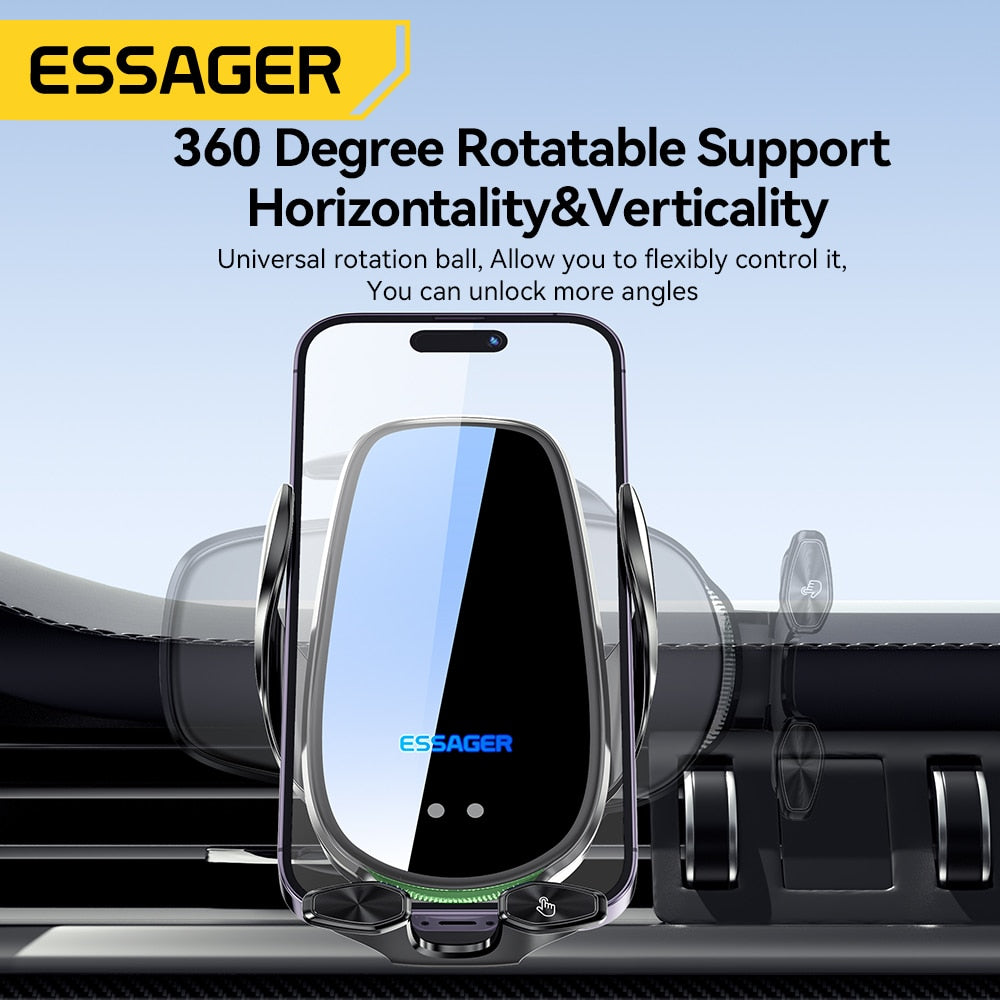 Essager Qi 15W Wireless Charger Car Phone Holder - In-Car Air Vent Mount for iPhone 14 13 12 X Pro Max, Xiaomi, Huawei - Fast Charging