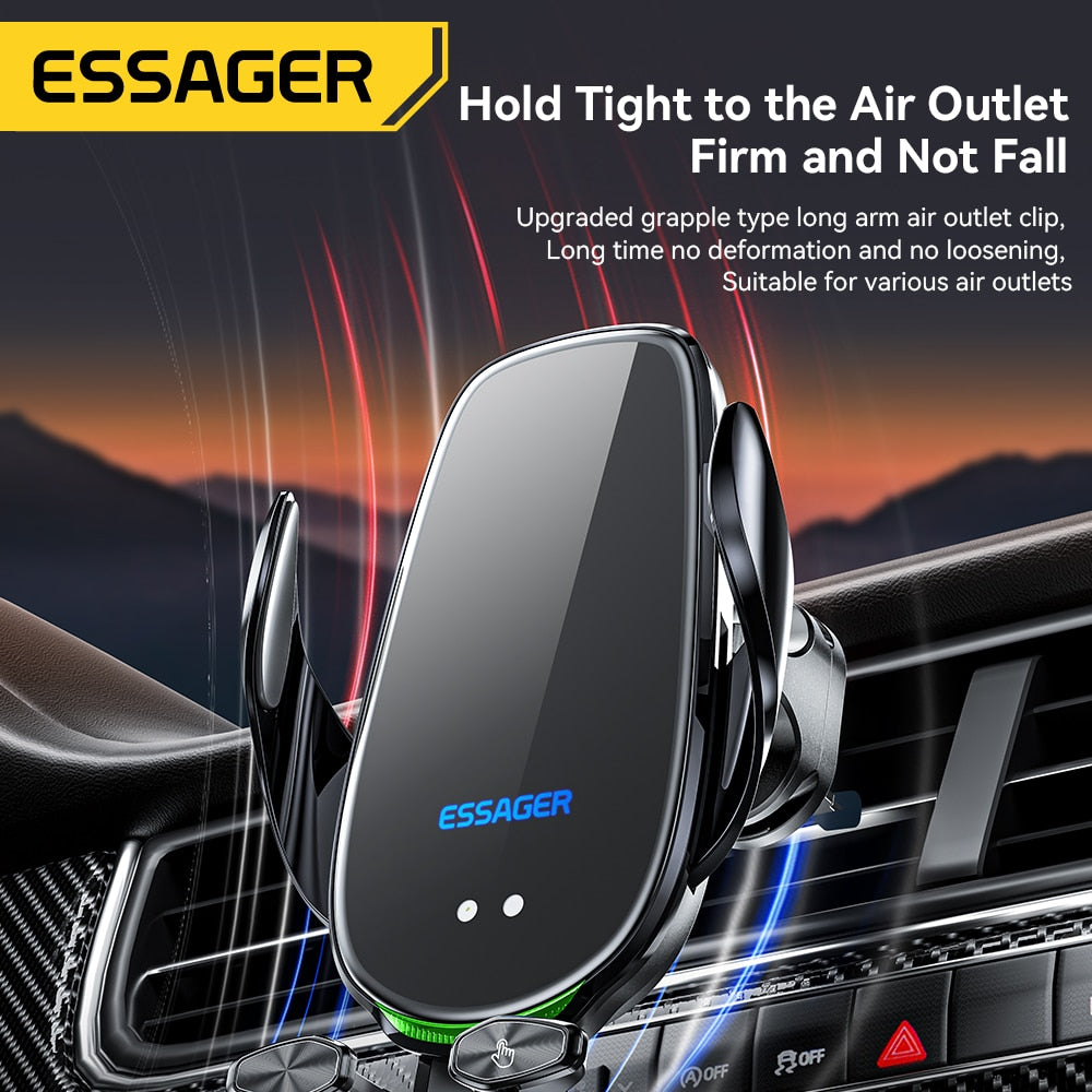 Essager Qi 15W Wireless Charger Car Phone Holder - In-Car Air Vent Mount for iPhone 14 13 12 X Pro Max, Xiaomi, Huawei - Fast Charging