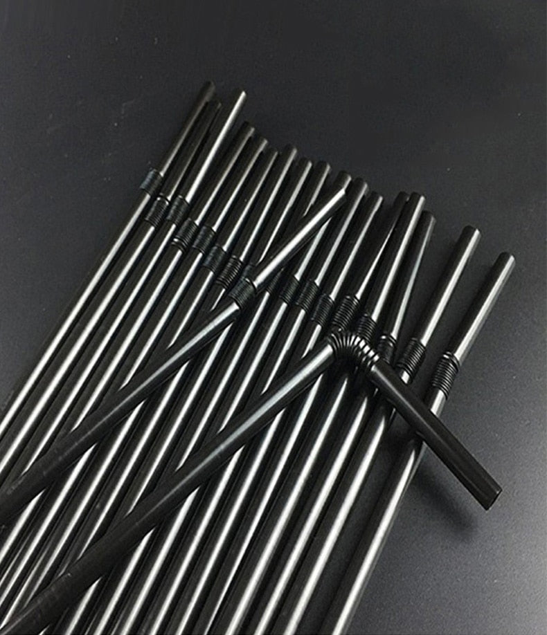 Black Disposable Straws - Flexible Drinking Straws, Plastic Curved Bendable Drink Tube, Reusable Straw, Wedding Bar Party Accessories