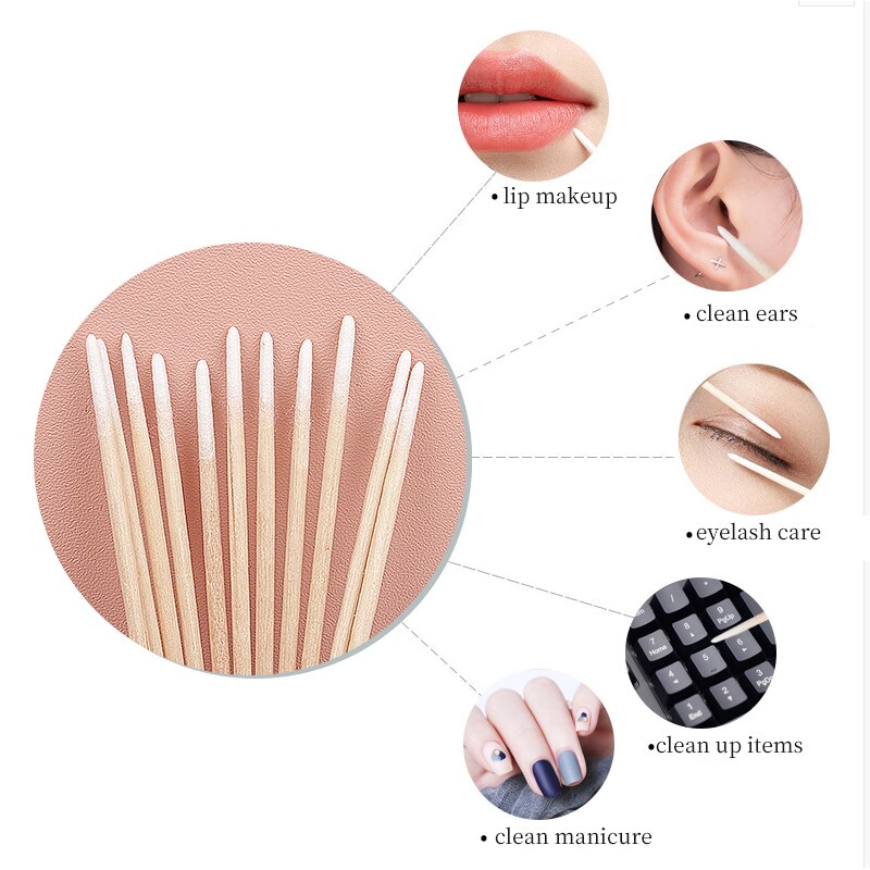 Disposable Ultra-small Cotton Swab Brush - 100/300 Pcs, Lint-Free Micro Wood Makeup Brushes, Eyelash Extension Glue Removing Tools