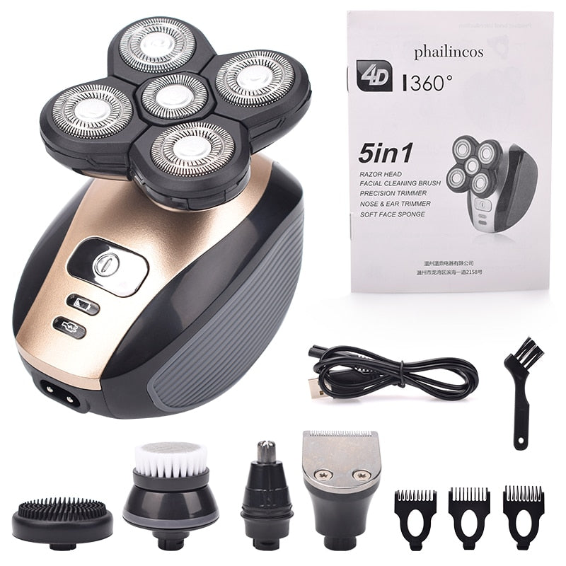 Rechargeable Bald Head Electric Shaver - 5 in 1 4D Men's Grooming Kit with 5 Floating Heads, Beard, Nose, Ear Hair Trimmer, Razor, and Facial Brush