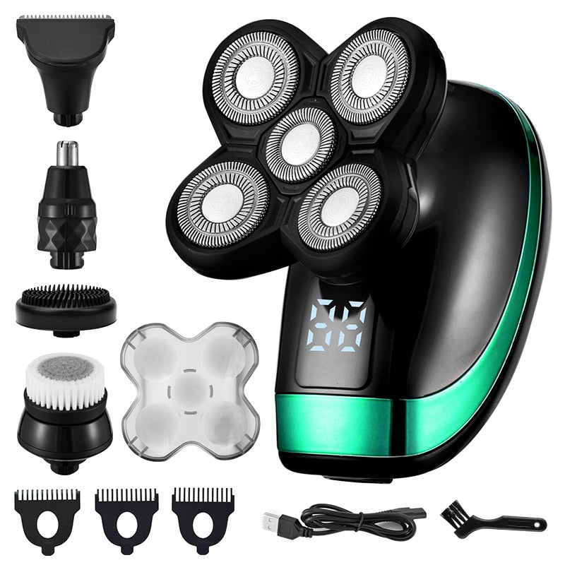 Rechargeable Bald Head Electric Shaver - 5 in 1 4D Men's Grooming Kit with 5 Floating Heads, Beard, Nose, Ear Hair Trimmer, Razor, and Facial Brush