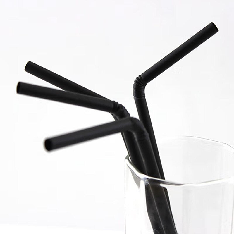 Black Disposable Straws - Flexible Drinking Straws, Plastic Curved Bendable Drink Tube, Reusable Straw, Wedding Bar Party Accessories