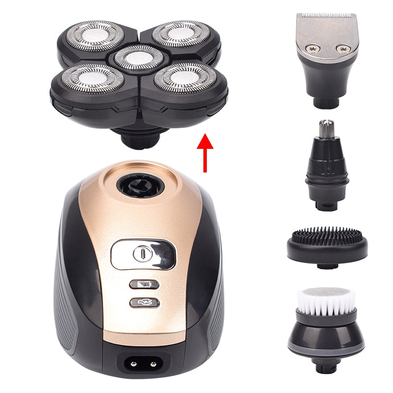 Rechargeable Bald Head Electric Shaver - 5 in 1 4D Men's Grooming Kit with 5 Floating Heads, Beard, Nose, Ear Hair Trimmer, Razor, and Facial Brush