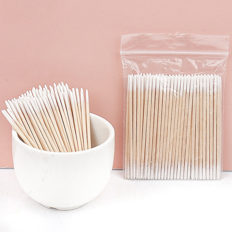 Disposable Ultra-small Cotton Swab Brush - 100/300 Pcs, Lint-Free Micro Wood Makeup Brushes, Eyelash Extension Glue Removing Tools