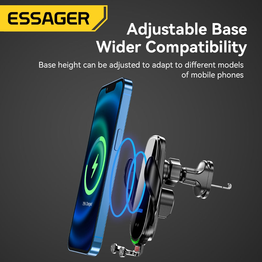 Essager Qi 15W Wireless Charger Car Phone Holder - In-Car Air Vent Mount for iPhone 14 13 12 X Pro Max, Xiaomi, Huawei - Fast Charging