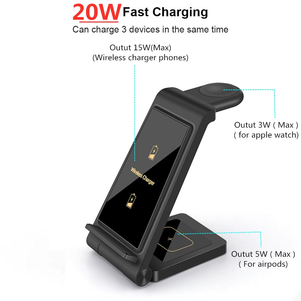 Wireless Charger Stand 3 in 1 - 20W Fast Charging Dock Station for Apple Watch, AirPods Pro, and iPhone 14 13 12 11 XS XR X 8