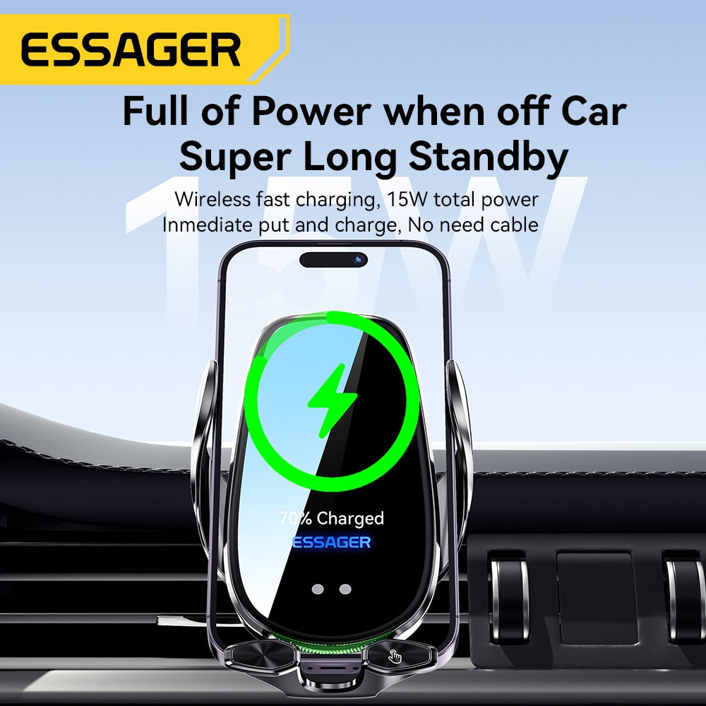 Essager Qi 15W Wireless Charger Car Phone Holder - In-Car Air Vent Mount for iPhone 14 13 12 X Pro Max, Xiaomi, Huawei - Fast Charging