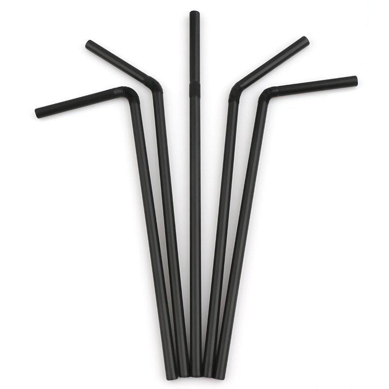 Black Disposable Straws - Flexible Drinking Straws, Plastic Curved Bendable Drink Tube, Reusable Straw, Wedding Bar Party Accessories