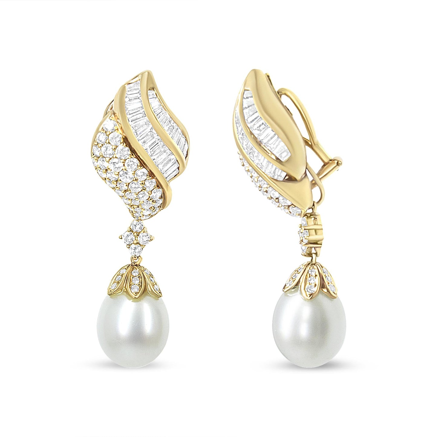 18k Yellow Gold 7.0 Cttw Baguette and Round Diamond South Sea Pearl Drop Dangle Clip-On Earrings (F-G Color, VS1-VS2 Cla