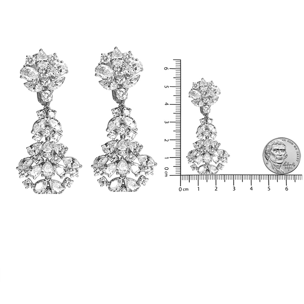 18K White Gold 9 1/2 Cttw Diamond Cluster Drop Dangle Clip-On Earrings (F-G Color, VS1-VS2 Clarity)