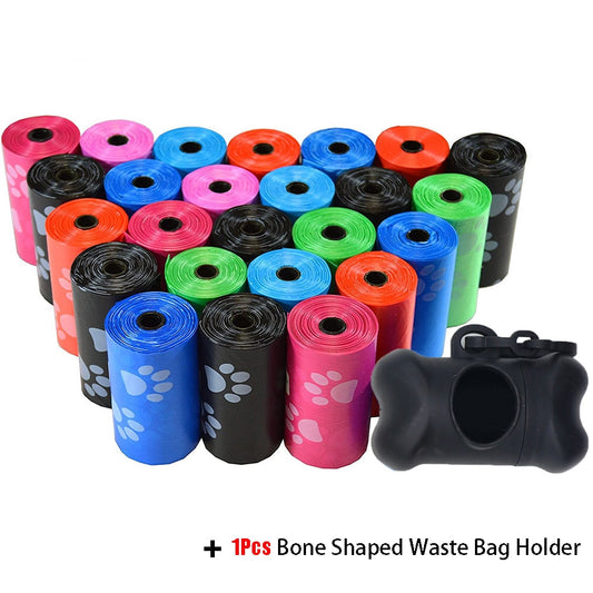 Pet Poop Bags - Disposable Dog Waste Bags with Leash Clip - Bulk Poop Bags with Bone Bag Dispenser - 5 Rolls (75Pcs) with Paw Prints