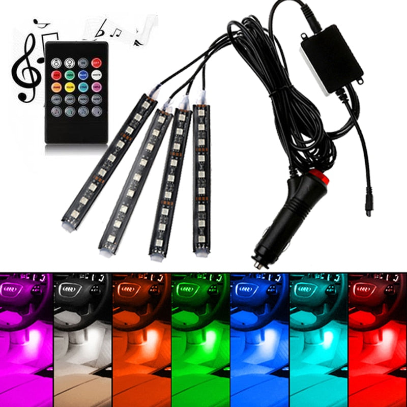 Car Interior Atmosphere LED RGB Strip Light - Dash Floor Foot RGB LED Strip, Decorative Light, Music Sound Control, Multiple Lighting - Set of 4 LED Strip Lights