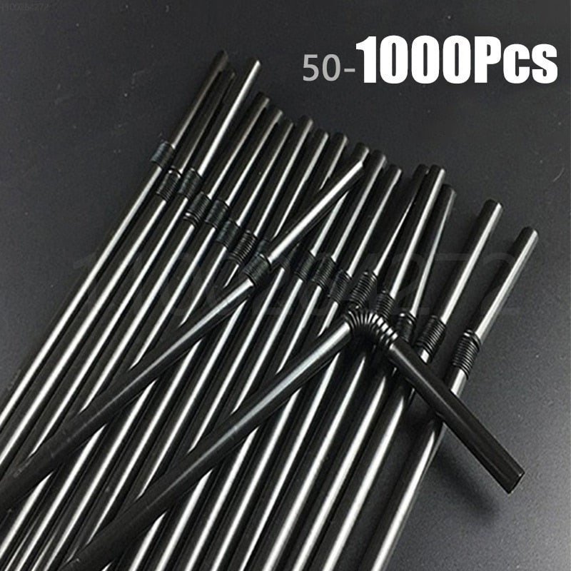 Black Disposable Straws - Flexible Drinking Straws, Plastic Curved Bendable Drink Tube, Reusable Straw, Wedding Bar Party Accessories