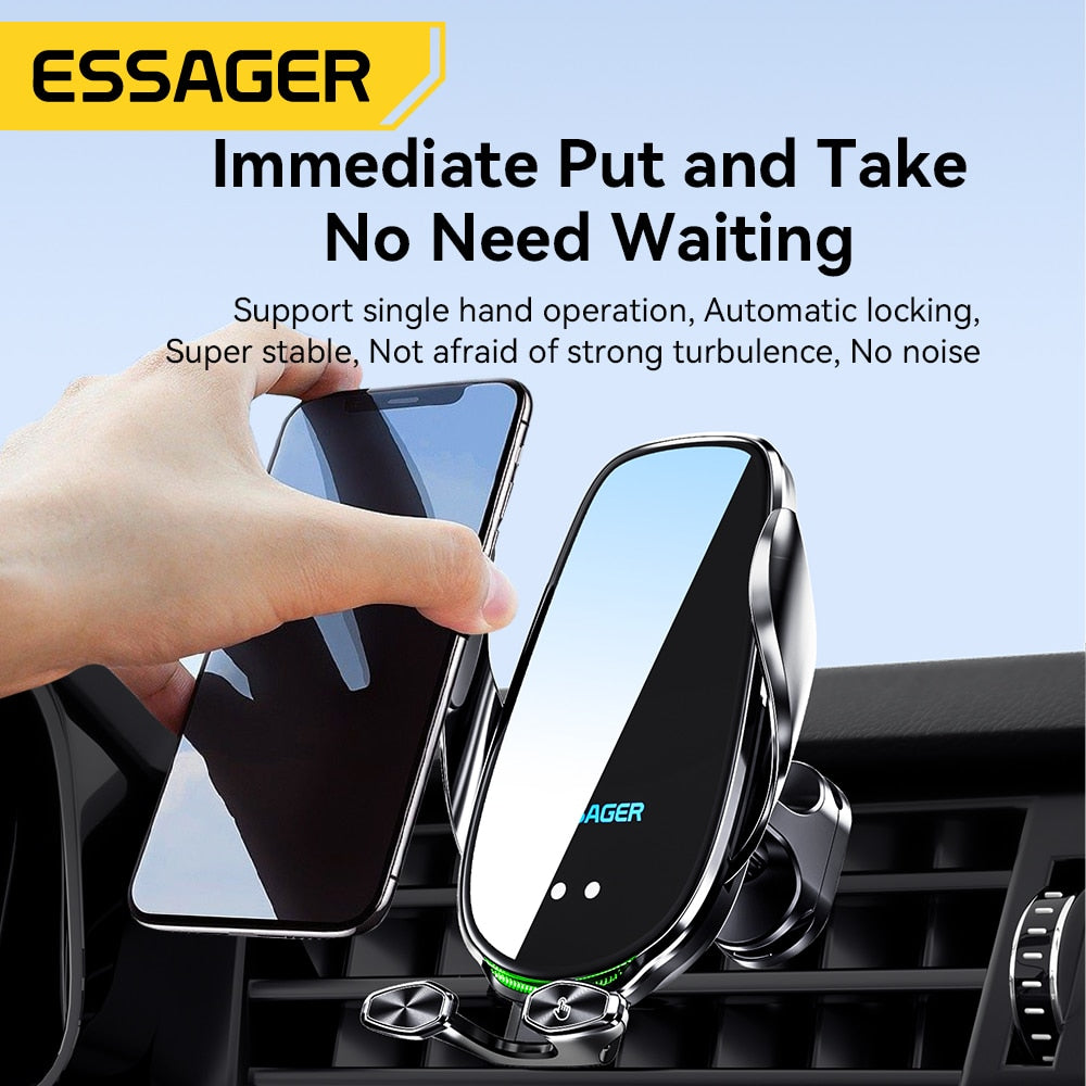 Essager Qi 15W Wireless Charger Car Phone Holder - In-Car Air Vent Mount for iPhone 14 13 12 X Pro Max, Xiaomi, Huawei - Fast Charging